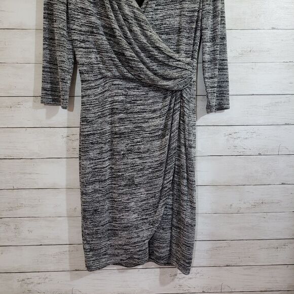 White House Black Market Gray Black Spacedye Soft Knit Faux Wrap Dress Size 4 - Picture 3 of 13